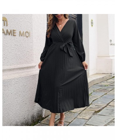 Women's Summer Dress Temperament V-Neck Large Swing Pleated Long Sleeve Dress Casual Cocktail Dresses Black $11.19 Dresses