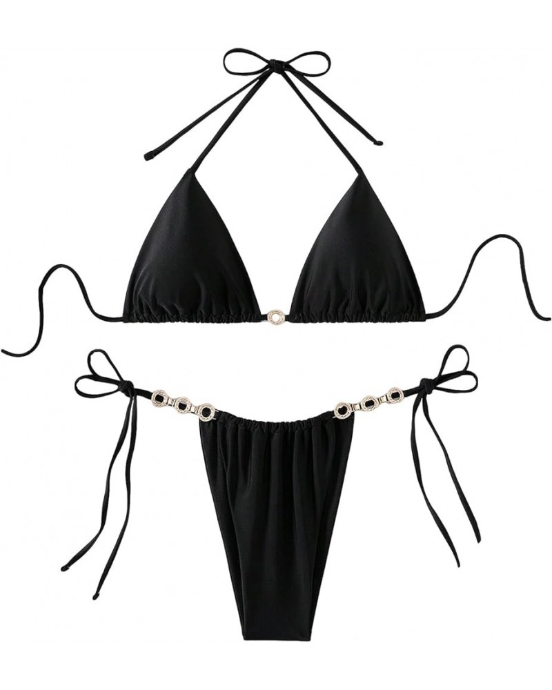 Women's Sexy Bikini Sets Ring Triangle Tie Bathing Suits 2 Piece Swimsuits Chain Black $18.62 Swimsuits