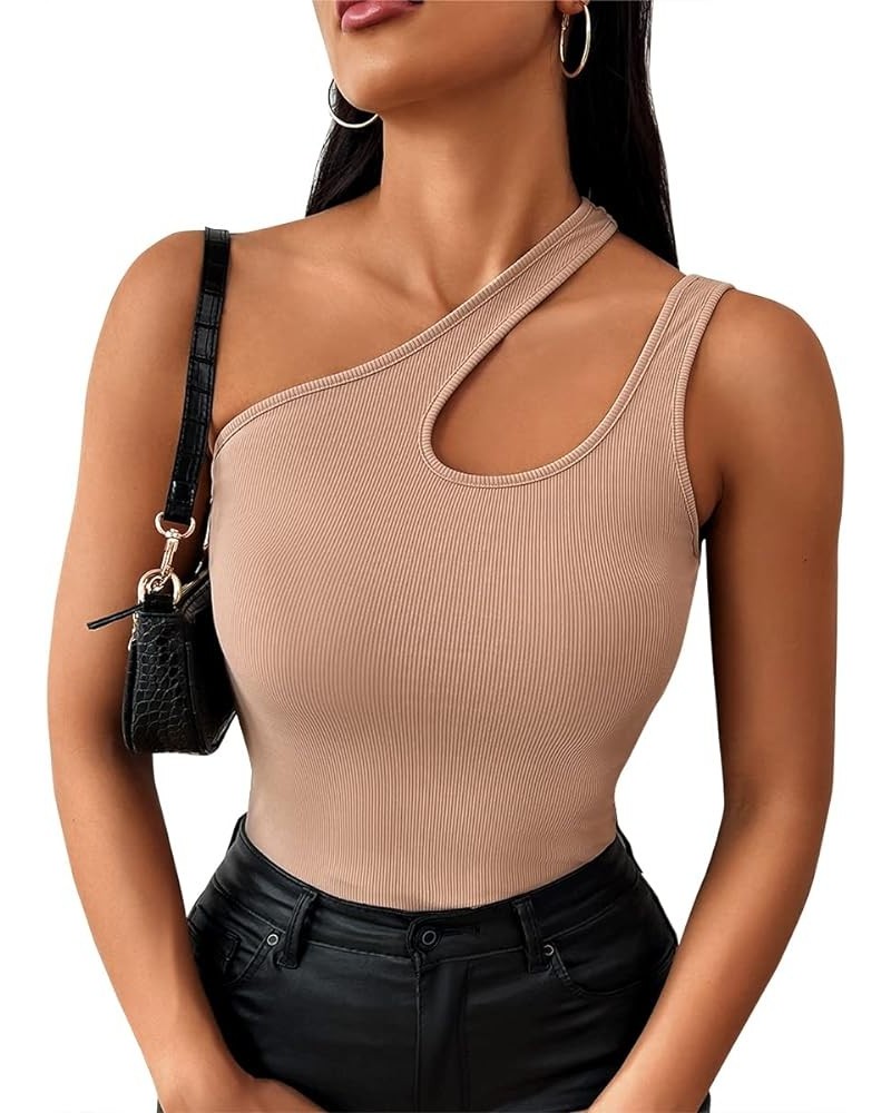 Spring Summer One Shoulder Tank Tops for Women 2023 Trendy Going Out Tops Fashion Ribbed Knit Shirts 01 Khaki $8.39 Tanks