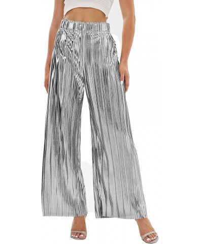 Women's Metallic Sparkle Wide Leg Sequin Shiny Pants Party Club Casual Silver Gold Pants Silver $18.33 Pants