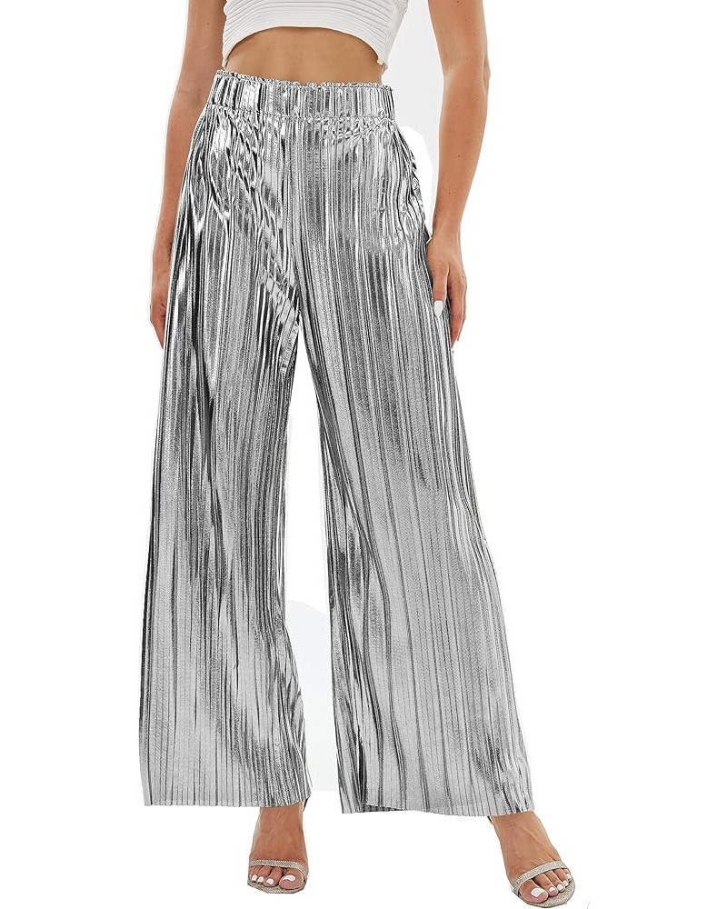 Women's Metallic Sparkle Wide Leg Sequin Shiny Pants Party Club Casual Silver Gold Pants Silver $18.33 Pants