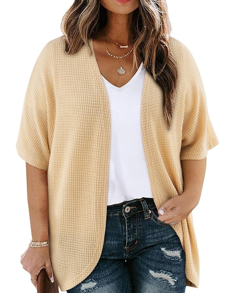 Womens Plus Size Cardigan Short Sleeve Waffle Knit Kimono Casual Open Front Blouse Tops(1X-5X) Apricot $16.11 Sweaters