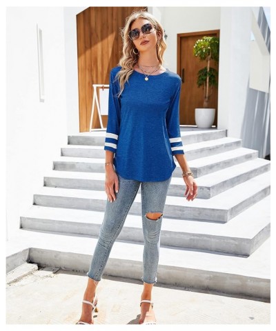 Women's 3/4 Sleeve T-Shirt Round Neck Striped Tunic Tops Loose Casual Blouse Blue $15.89 Tops