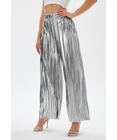 Women's Metallic Sparkle Wide Leg Sequin Shiny Pants Party Club Casual Silver Gold Pants Silver $18.33 Pants