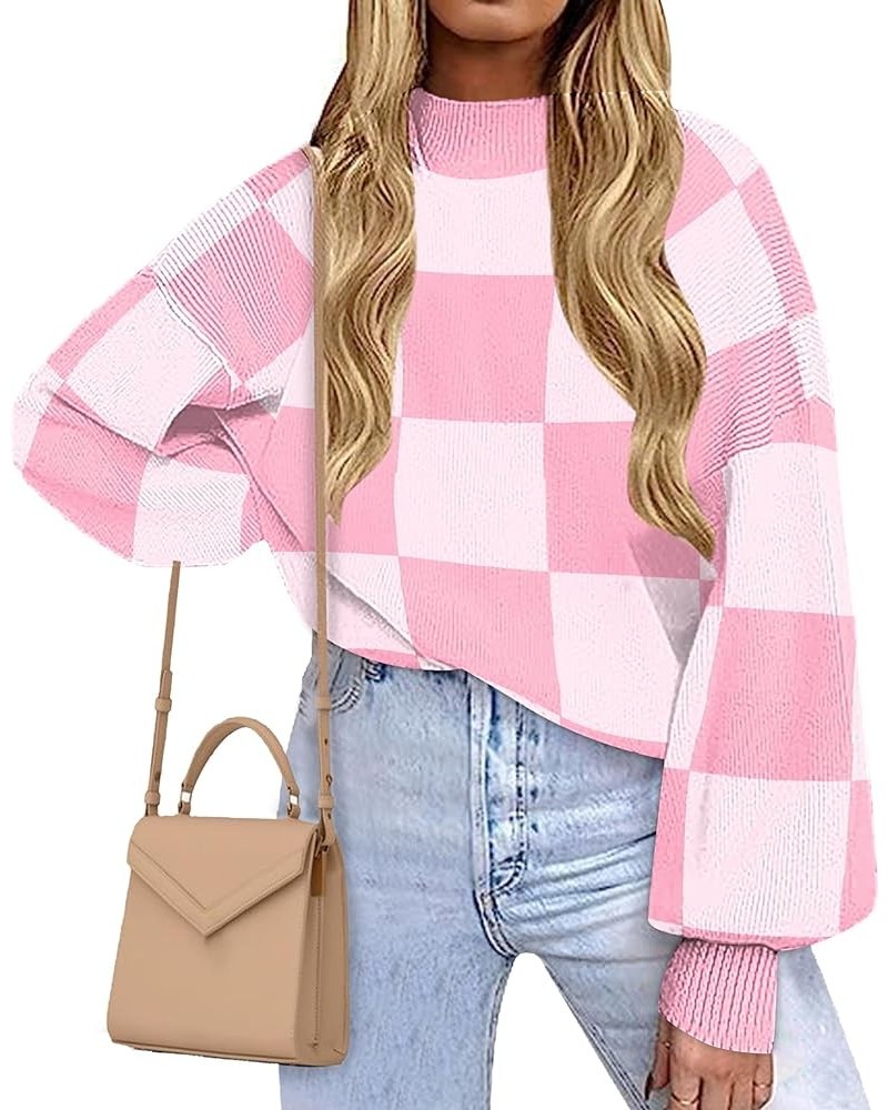 Women's 2023 Fall Fashion Mock Neck Long Lantern Sleeve Oversized Sweaters Loose Knit Pullover Sweater Tops Pink Plaid $17.71...