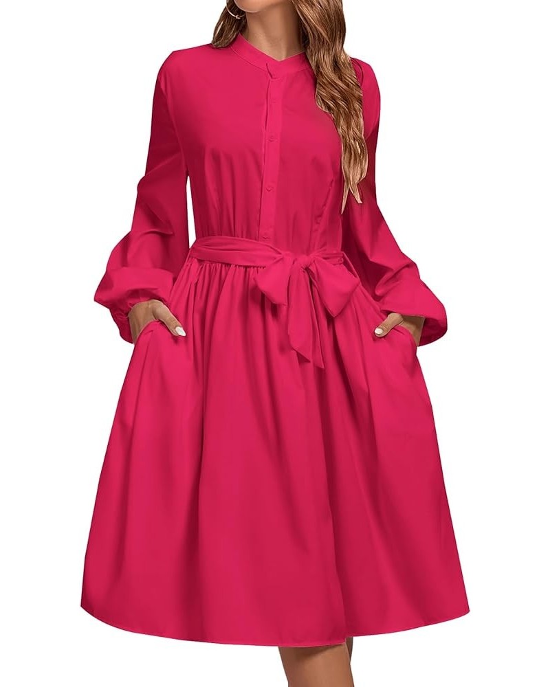 Women's Causal Crewneck Tie Waist Lantern Long Sleeve Ruffle A Line Flare Midi Dress Rose $19.36 Dresses