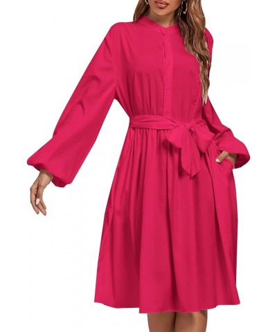 Women's Causal Crewneck Tie Waist Lantern Long Sleeve Ruffle A Line Flare Midi Dress Rose $19.36 Dresses