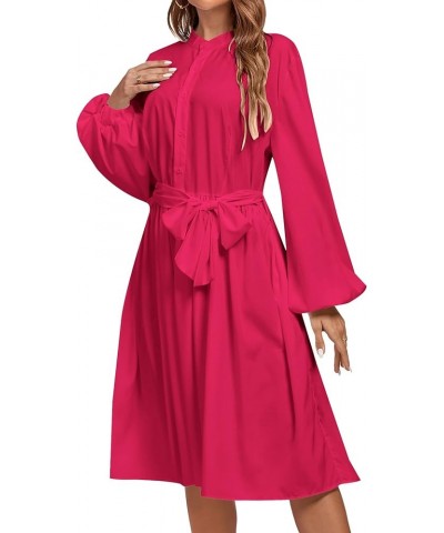 Women's Causal Crewneck Tie Waist Lantern Long Sleeve Ruffle A Line Flare Midi Dress Rose $19.36 Dresses