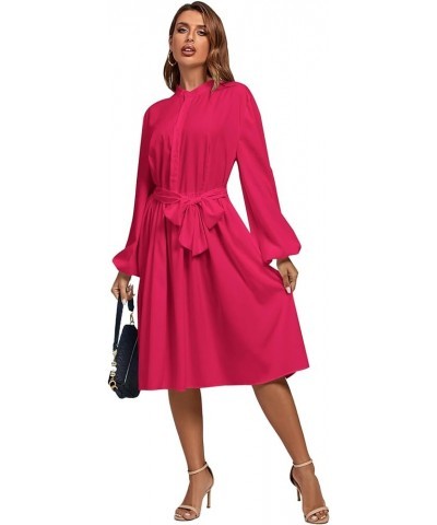 Women's Causal Crewneck Tie Waist Lantern Long Sleeve Ruffle A Line Flare Midi Dress Rose $19.36 Dresses