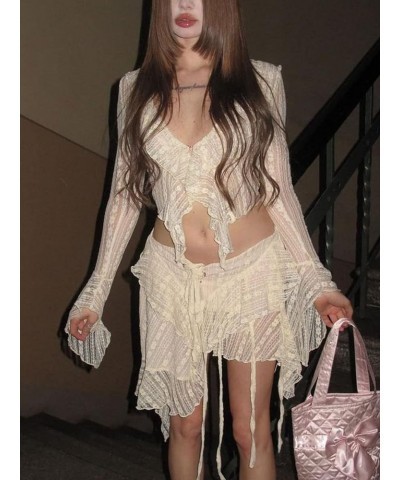 Women's Y2k Ruffle 2 Piece Skirt Set Sexy Sheer Mesh Crop Top Bodycon Mini Skirt Two Piece Outfit Set Streetwear Ruffle Beige...