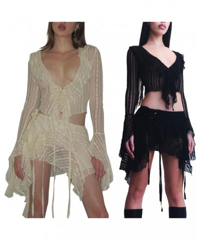 Women's Y2k Ruffle 2 Piece Skirt Set Sexy Sheer Mesh Crop Top Bodycon Mini Skirt Two Piece Outfit Set Streetwear Ruffle Beige...