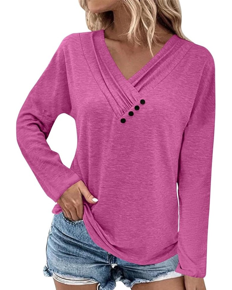 T Shirts for Women Women's Fashion Casual Solid Color Chest Panel Ruched Button V Neck Long Sleeve Ladies Long Top 2-hot Pink...