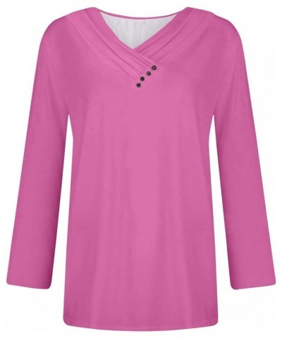 T Shirts for Women Women's Fashion Casual Solid Color Chest Panel Ruched Button V Neck Long Sleeve Ladies Long Top 2-hot Pink...