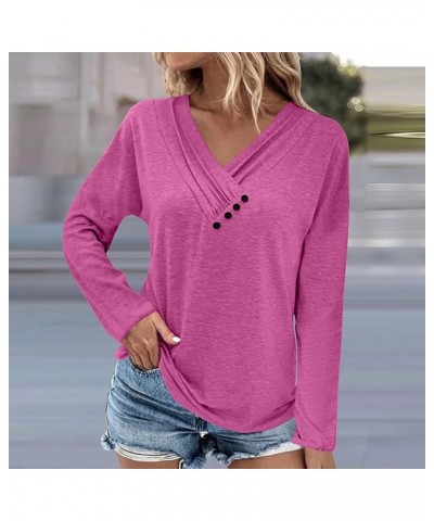 T Shirts for Women Women's Fashion Casual Solid Color Chest Panel Ruched Button V Neck Long Sleeve Ladies Long Top 2-hot Pink...