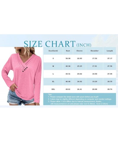 T Shirts for Women Women's Fashion Casual Solid Color Chest Panel Ruched Button V Neck Long Sleeve Ladies Long Top 2-hot Pink...