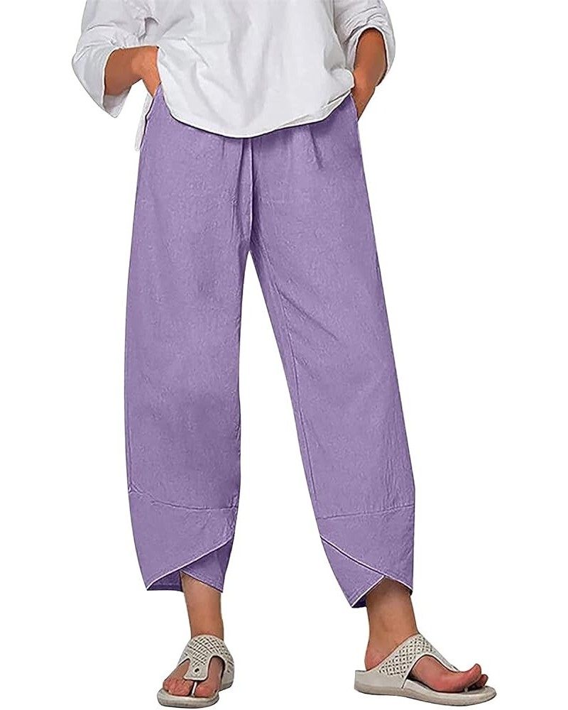 Summer Pants for Women Casual Pockets Cotton Linen Wide Leg Drawstring Elastic Waist Capris Crop Pants 1-purple $6.04 Pants