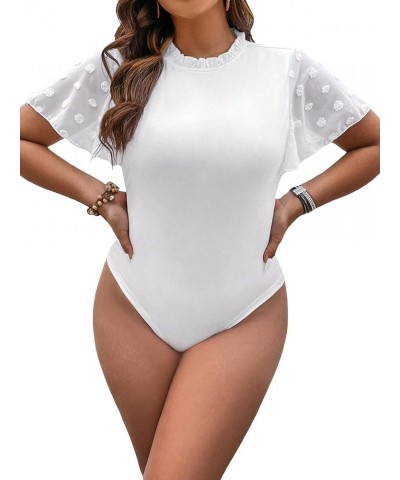 Women's Plus Size Swiss Dots Flutter Short Sleeve Frill Neck Bodysuit Shirt Top White $15.04 Bodysuits