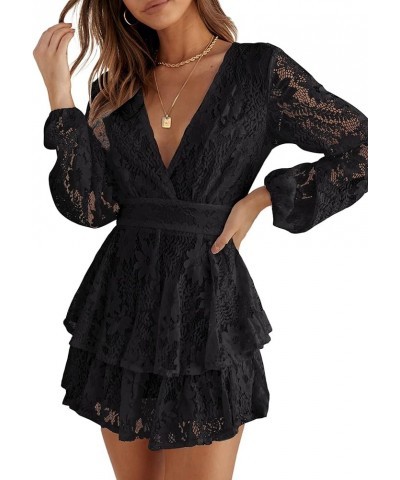 Jumpsuits for Women Fall 2024 Long Sleeve V Neck Tie Wasit Wrap Mini Dress Ruffle Hem Romper Dress Short Rompers Black $21.92...