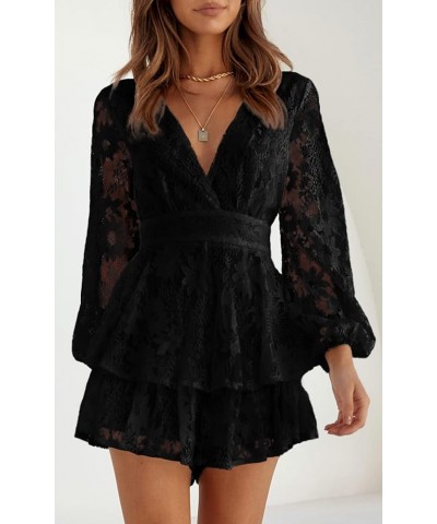 Jumpsuits for Women Fall 2024 Long Sleeve V Neck Tie Wasit Wrap Mini Dress Ruffle Hem Romper Dress Short Rompers Black $21.92...