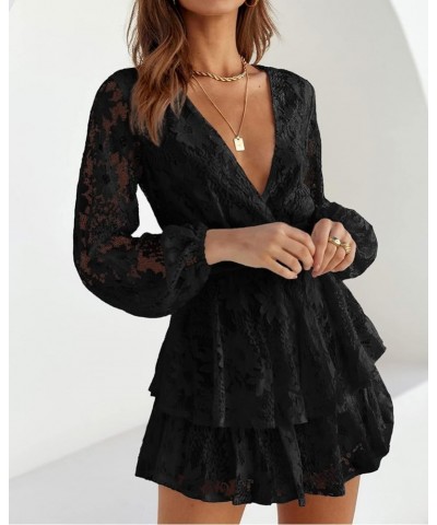 Jumpsuits for Women Fall 2024 Long Sleeve V Neck Tie Wasit Wrap Mini Dress Ruffle Hem Romper Dress Short Rompers Black $21.92...