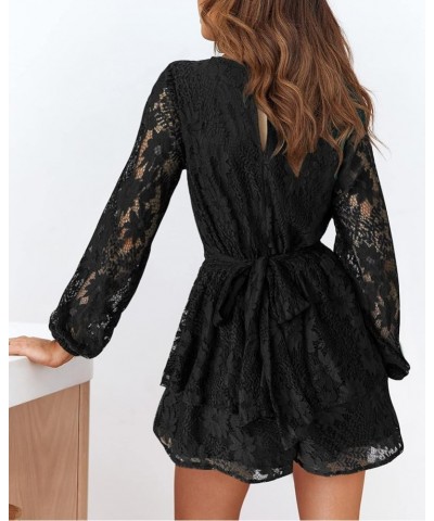 Jumpsuits for Women Fall 2024 Long Sleeve V Neck Tie Wasit Wrap Mini Dress Ruffle Hem Romper Dress Short Rompers Black $21.92...