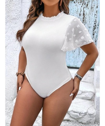 Women's Plus Size Swiss Dots Flutter Short Sleeve Frill Neck Bodysuit Shirt Top White $15.04 Bodysuits