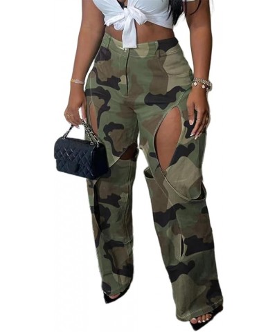 Women's Camo Cargo Pants High Waist Y2K Baggy Cut Out Straight Leg Casual Trousers Streetwear 0-camo Green $22.41 Pants