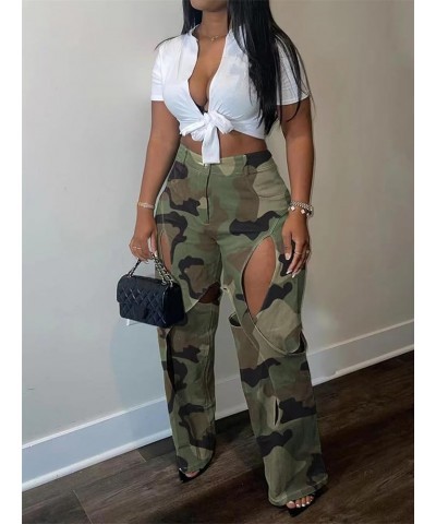 Women's Camo Cargo Pants High Waist Y2K Baggy Cut Out Straight Leg Casual Trousers Streetwear 0-camo Green $22.41 Pants