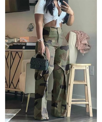 Women's Camo Cargo Pants High Waist Y2K Baggy Cut Out Straight Leg Casual Trousers Streetwear 0-camo Green $22.41 Pants