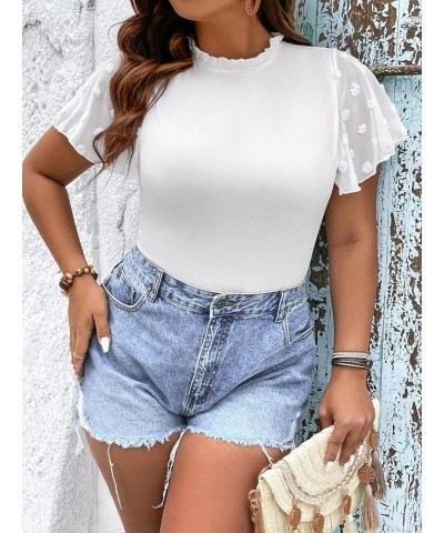 Women's Plus Size Swiss Dots Flutter Short Sleeve Frill Neck Bodysuit Shirt Top White $15.04 Bodysuits