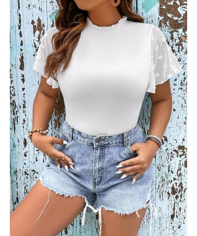 Women's Plus Size Swiss Dots Flutter Short Sleeve Frill Neck Bodysuit Shirt Top White $15.04 Bodysuits