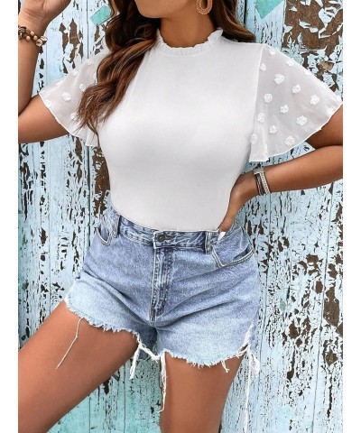 Women's Plus Size Swiss Dots Flutter Short Sleeve Frill Neck Bodysuit Shirt Top White $15.04 Bodysuits