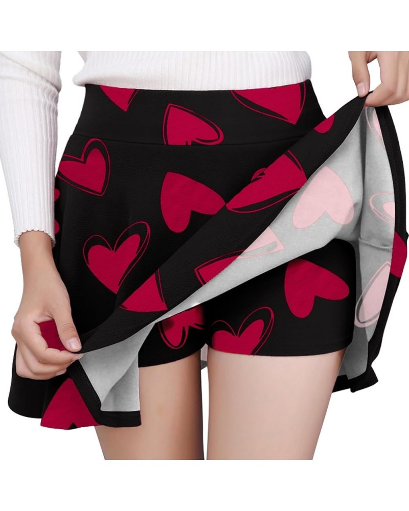 FASHION Women's Casual Stretchy Flared Pleated Mini Skater Skirt with Shorts Black - Heart Print $13.74 Skirts