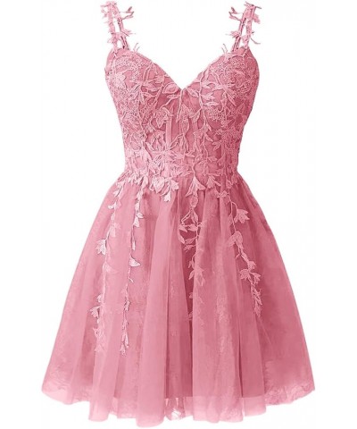 Spaghetti Straps Lace Homecoming Dress for Teens Short Applique Tulle Short Prom Dresses Cocktail Gown Dusty Pink $38.40 Dresses