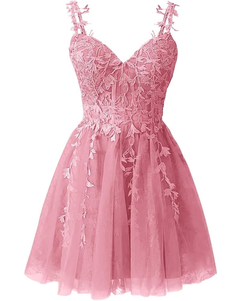 Spaghetti Straps Lace Homecoming Dress for Teens Short Applique Tulle Short Prom Dresses Cocktail Gown Dusty Pink $38.40 Dresses