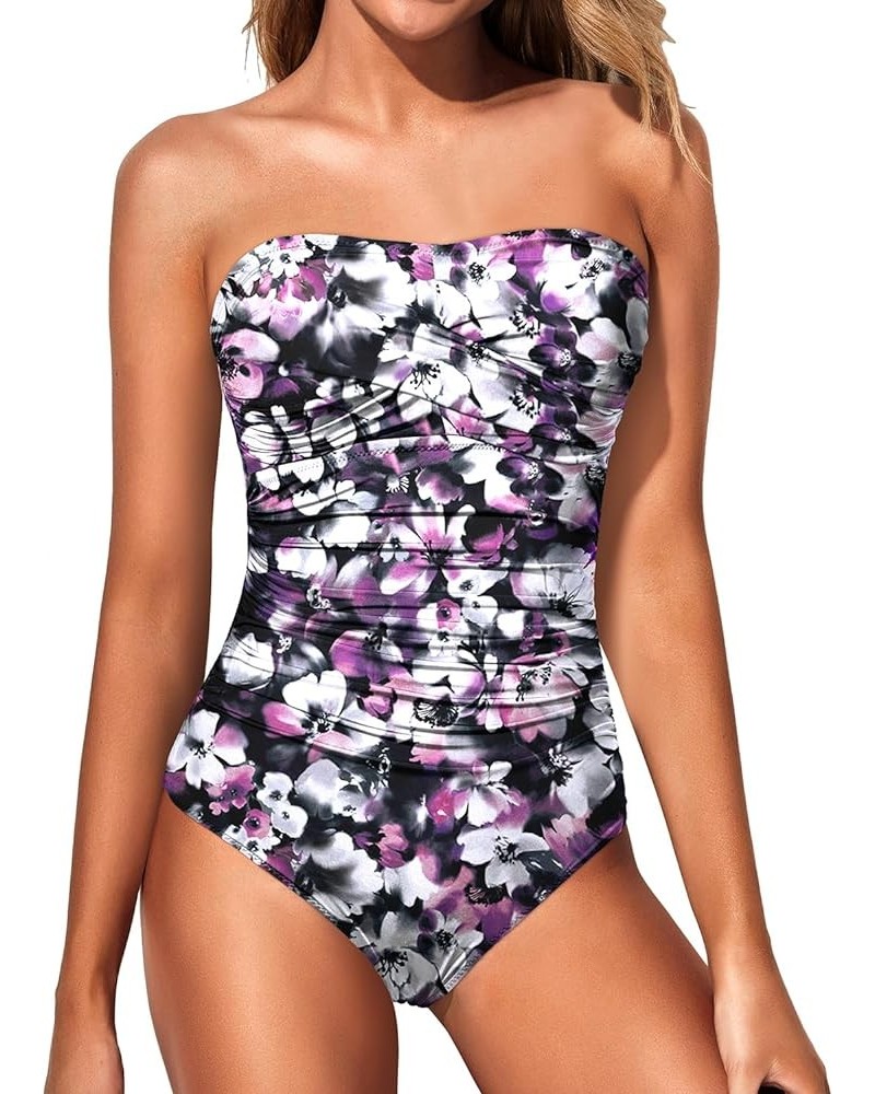 Womens Strapless One Piece Swimsuit Tummy Control Bandeau Bathing Suits Slimming Twist Front Swimwear Purple Flowers $14.70 S...