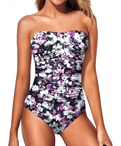 Womens Strapless One Piece Swimsuit Tummy Control Bandeau Bathing Suits Slimming Twist Front Swimwear Purple Flowers $14.70 S...