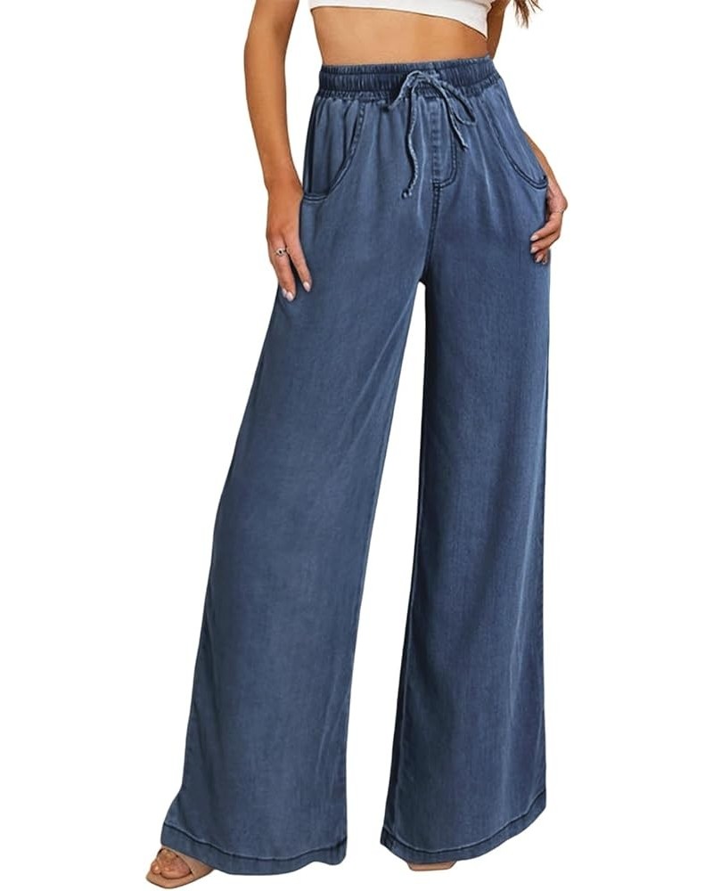 Women's High Waisted Wide Leg Jeans 2024 Summer Drawstring Denim Pants Blue $15.99 Jeans