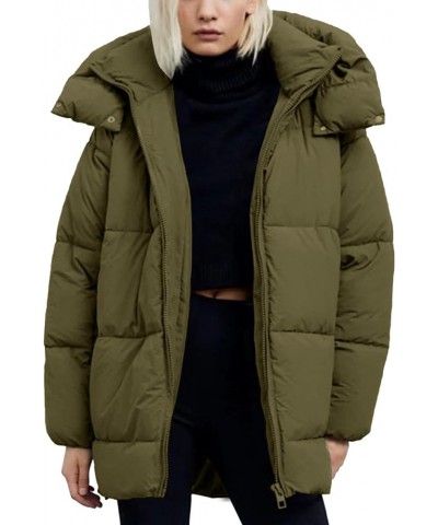 Women's Warm Winter Coat Hooded Puffer Jacket Full Zip Long Puffer Coat with Pockets Dark Olive Green $30.74 Jackets