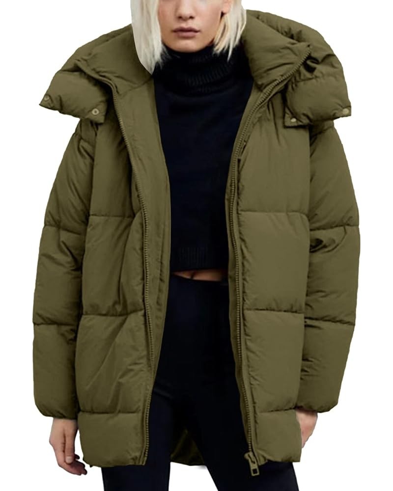 Women's Warm Winter Coat Hooded Puffer Jacket Full Zip Long Puffer Coat with Pockets Dark Olive Green $30.74 Jackets