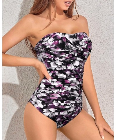 Womens Strapless One Piece Swimsuit Tummy Control Bandeau Bathing Suits Slimming Twist Front Swimwear Purple Flowers $14.70 S...