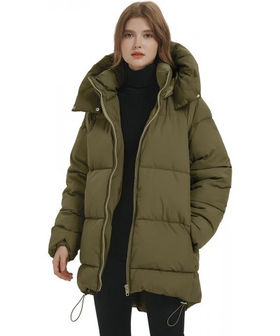 Women's Warm Winter Coat Hooded Puffer Jacket Full Zip Long Puffer Coat with Pockets Dark Olive Green $30.74 Jackets