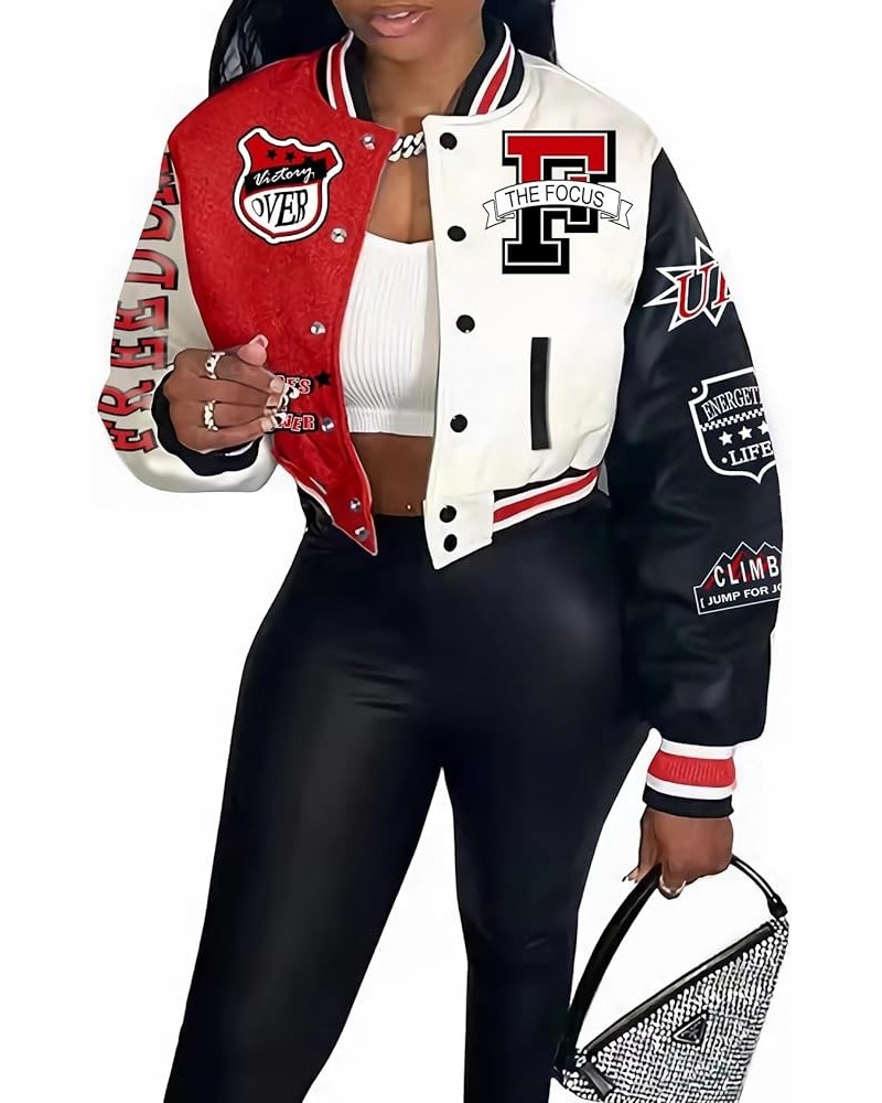 Women's Varsity Jacket Print Cropped Color Block Jacket 2024 Unisex Baseball Bomber Y2K Streetwear Coats Red $22.94 Jackets