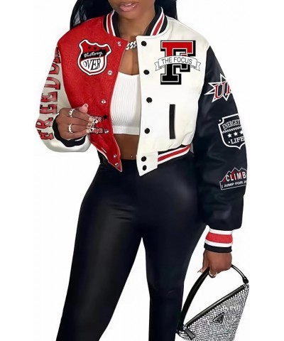 Women's Varsity Jacket Print Cropped Color Block Jacket 2024 Unisex Baseball Bomber Y2K Streetwear Coats Red $22.94 Jackets