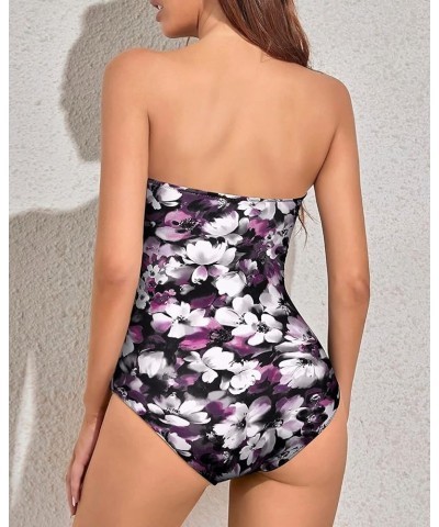 Womens Strapless One Piece Swimsuit Tummy Control Bandeau Bathing Suits Slimming Twist Front Swimwear Purple Flowers $14.70 S...