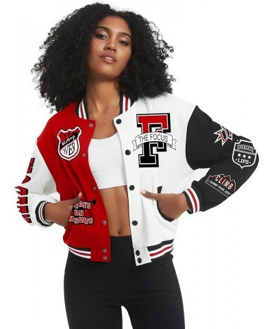 Women's Varsity Jacket Print Cropped Color Block Jacket 2024 Unisex Baseball Bomber Y2K Streetwear Coats Red $22.94 Jackets