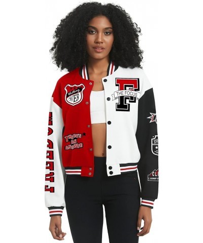 Women's Varsity Jacket Print Cropped Color Block Jacket 2024 Unisex Baseball Bomber Y2K Streetwear Coats Red $22.94 Jackets