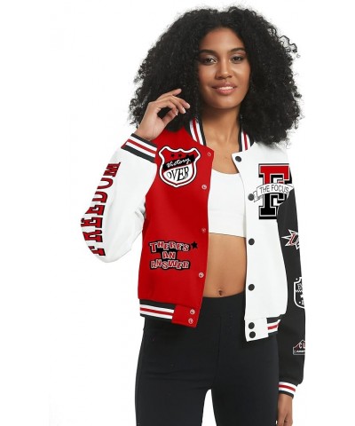 Women's Varsity Jacket Print Cropped Color Block Jacket 2024 Unisex Baseball Bomber Y2K Streetwear Coats Red $22.94 Jackets