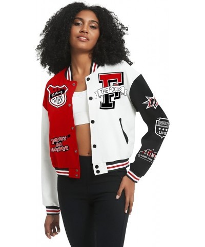 Women's Varsity Jacket Print Cropped Color Block Jacket 2024 Unisex Baseball Bomber Y2K Streetwear Coats Red $22.94 Jackets