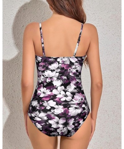 Womens Strapless One Piece Swimsuit Tummy Control Bandeau Bathing Suits Slimming Twist Front Swimwear Purple Flowers $14.70 S...